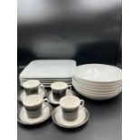 Six Habitat white pasta bowls, five white square plates and a set of four Wedgewood coffee cups