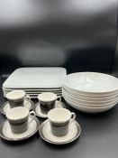 Six Habitat white pasta bowls, five white square plates and a set of four Wedgewood coffee cups