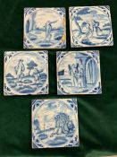 Five late 17/18th Delft tiles