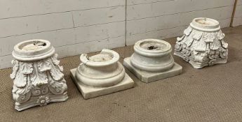 Four square reclaimed marble plinths, two with floral leaf design ( Originally top and bottom of a