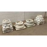 Four square reclaimed marble plinths, two with floral leaf design ( Originally top and bottom of a