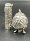 A silver salt and a silver and glass scent bottle