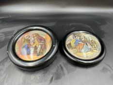 Two Pratt ware pot lids with printed scenes