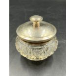 A cut glass pot with hallmarked silver lid (H7cm)