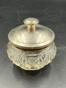 A cut glass pot with hallmarked silver lid (H7cm)