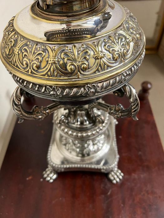 An oil burner messenger lamp with golf ball style glass shade and white metal stand - Image 7 of 9
