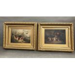 Two oil painting in gilt frames, one of a hunting scene, and one oil of a dog at rest (55cm 45cm)