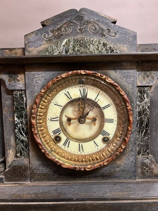 A black marble and slate Ansinia New York clock, the marble columns on slate base - Image 3 of 7