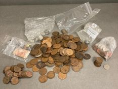 A selection of mostly UK and some World coins, including one pennies and half pennies