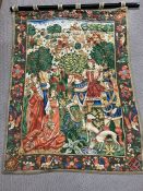 A wall hanging tapestry of a medieval hunting scene (108cm x 144cm)