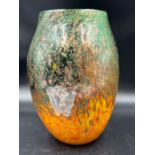 A mottled orange, yellow and green Monart glass art vase (H22cm)