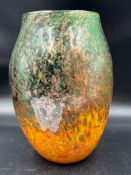 A mottled orange, yellow and green Monart glass art vase (H22cm)