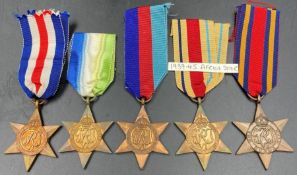 Five World War II Medals: 1939-45 Star, Atlantic Star, Africa Star, Burma Star and France and