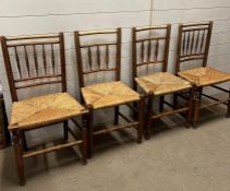 Four spindle back chairs with rush seats, two different styles