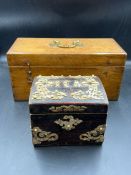 A tea chest and a small oak chest