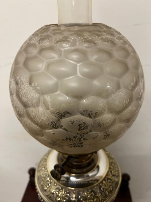 An oil burner messenger lamp with golf ball style glass shade and white metal stand - Image 4 of 9