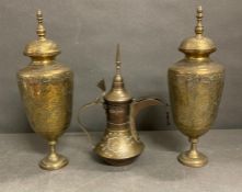 A selection of brass items including two Indian vases and a Middle Eastern tea pot