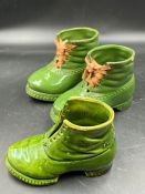 Three Victorian china green shoe/boot plant pot