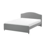 An Ikea upholstered bed frame in grey "Hauga"