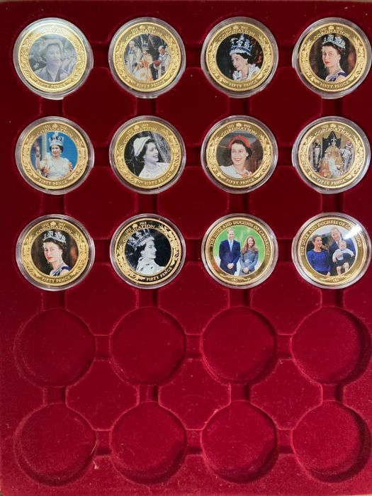 Two trays of collectable photo coins. Queens Coronation and Trains - Image 2 of 2