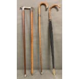 Three vintage walking sticks and one umbrella