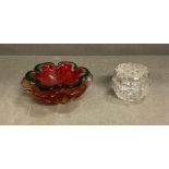 A cut glass powder bowl and a Murano style ash tray