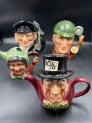 Four Toby jugs, Royal Doulton, The Sleuth, Lobster Man and Tony Wood