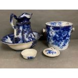 A wash bowl and jug with two pots etc