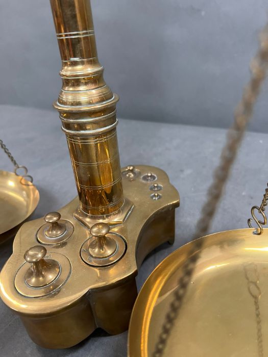 A set of brass weigh scales with integral weights to base - Image 2 of 4