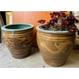 A pair of garden pots with dragon decoration to sides (H45cm Dia45cm)