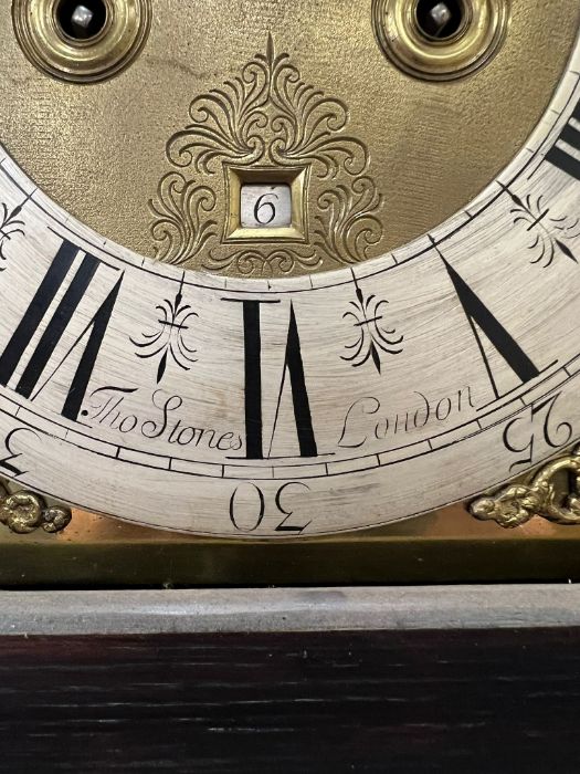 An18th century eight day, oak long case clock with weights and pendulum, Thomas Stone London. - Image 7 of 8