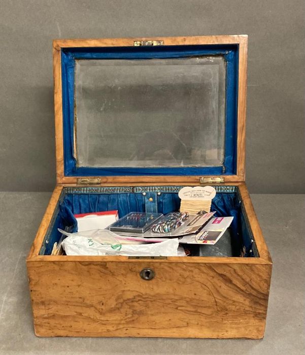 A walnut sewing box with blue silk lining and glass top. - Image 2 of 2
