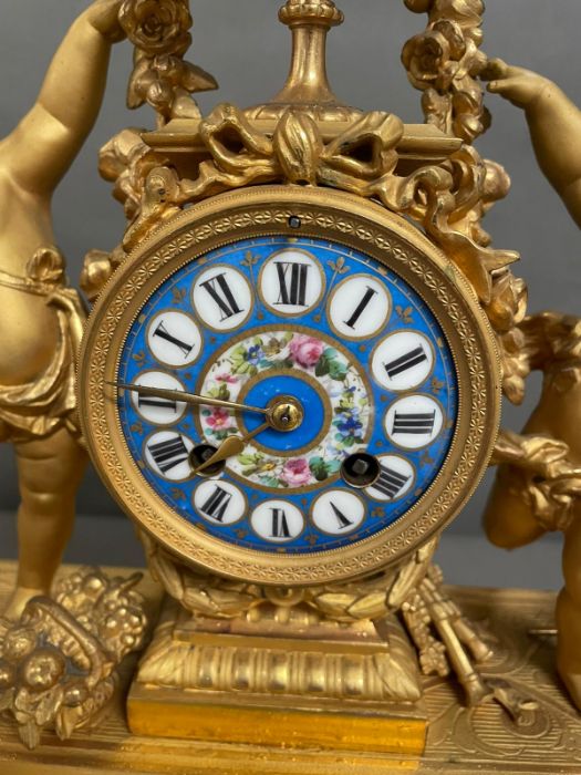 An Eight day Ormolu and enamel eight day clock featuring cherubs and under a glass dome. - Image 3 of 9