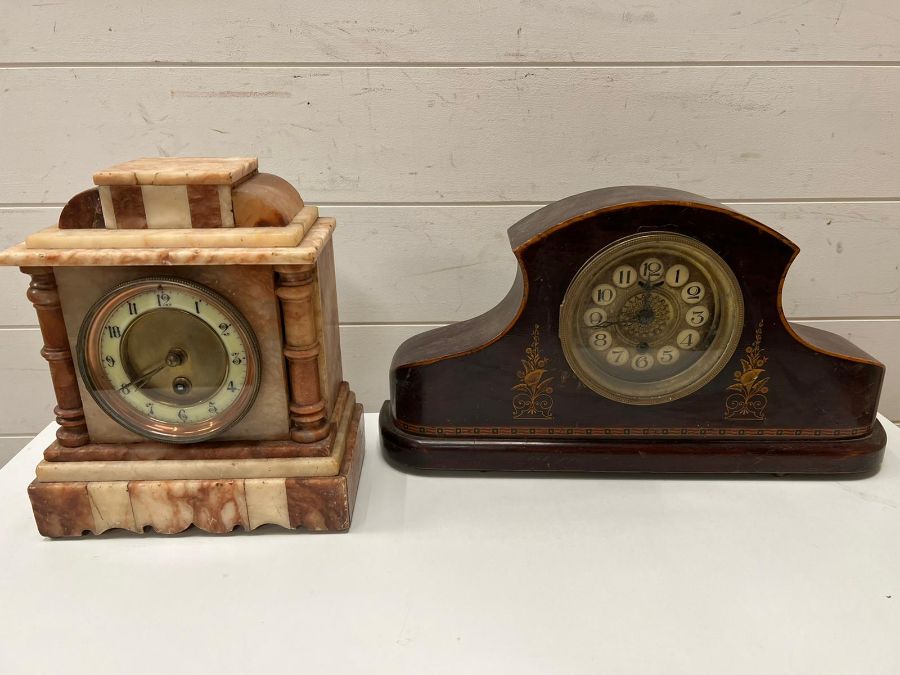 Two mantel clocks. One Victorian inlay and one marble mantle clock