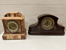 Two mantel clocks. One Victorian inlay and one marble mantle clock