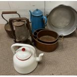 A selection of vintage cookware to include copper, enamel teapots etc