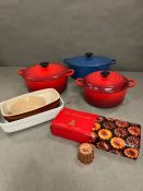 Three Le Creuset lidded pots, oven dishes and copper French moulds