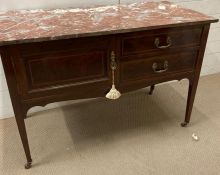 A marble topped, mahogany two drawer and one cupboard side cabinet on castors (H77cm W115cm D56cm)