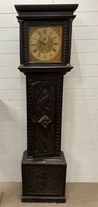 An18th century eight day, oak long case clock with weights and pendulum, Thomas Stone London.