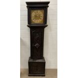 An18th century eight day, oak long case clock with weights and pendulum, Thomas Stone London.