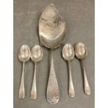 Four hallmarked silver teaspoons and a sterling silver server. Total weight 167g