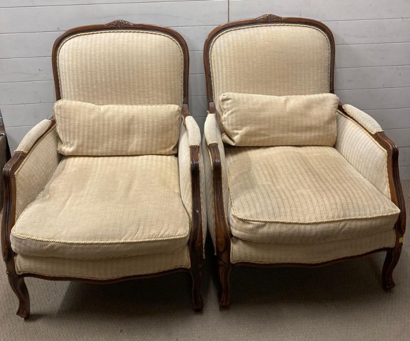 A pair of mahogany regency style arm chairs and one foot stool (H102cm W75cm D74cm)