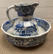 A blue and white Mason ironstone wash bowl and jug