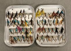 Four boxes of assorted Fishing flies along with a Hardy fishing net with a salmon gaff by Heaton