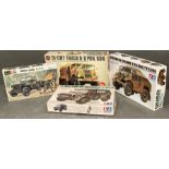 Four boxed model kits, 15 CWT Truck and 6 PDR Gun, Willys Jeep, Quad Gun Tractor and S.G.L