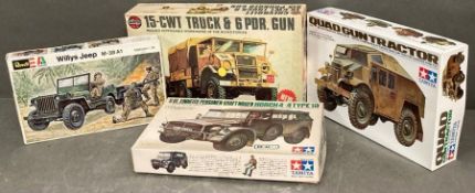 Four boxed model kits, 15 CWT Truck and 6 PDR Gun, Willys Jeep, Quad Gun Tractor and S.G.L