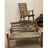 A wooden garden table, chair and bench (Table H67cm Dia102cm) (Bench W130cm H90cm)