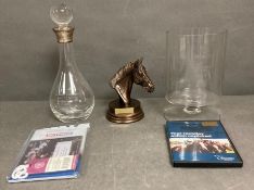 Three horse racing trophies and Race Day DVD's, to include decanter with a silver collar