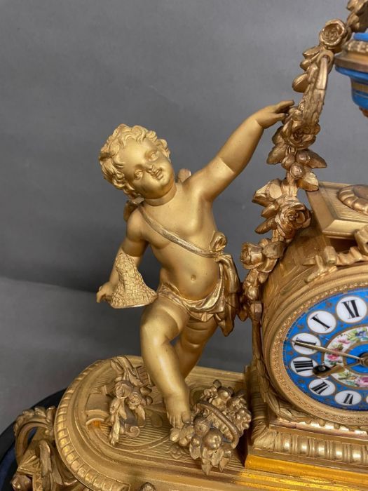 An Eight day Ormolu and enamel eight day clock featuring cherubs and under a glass dome. - Image 5 of 9
