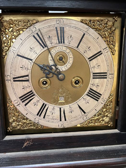 An18th century eight day, oak long case clock with weights and pendulum, Thomas Stone London. - Image 6 of 8